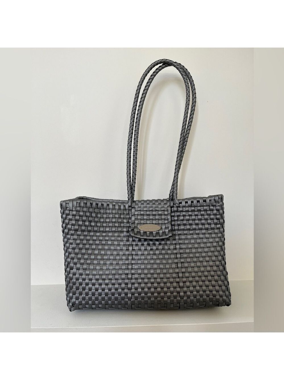 MADELEINE VIEIRA Woven Grey Tote Bag Neutral Market Beach Commute Office Travel